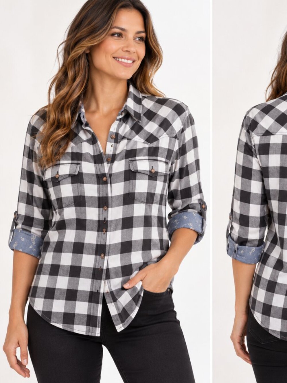 Jachs Girlfriend Flannel Shirt with Roll tabs Women's Size XXL Black/White